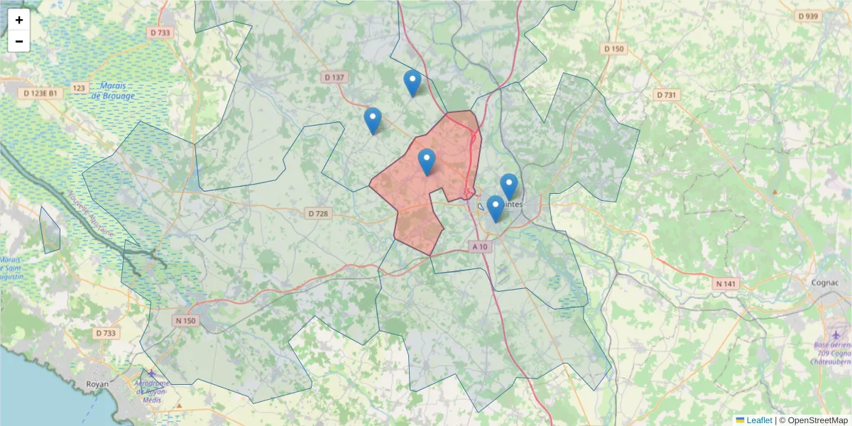 Carte de la zone du code postal  et des codes postaux voisins en France