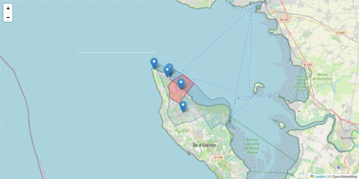 Carte de la zone du code postal  et des codes postaux voisins en France