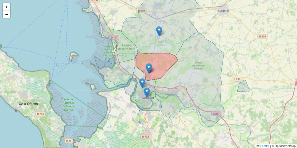 Carte de la zone du code postal  et des codes postaux voisins en France