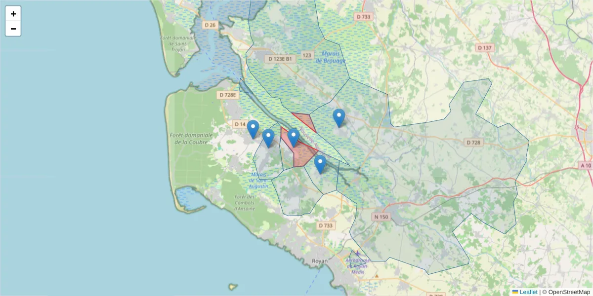 Carte de la zone du code postal  et des codes postaux voisins en France