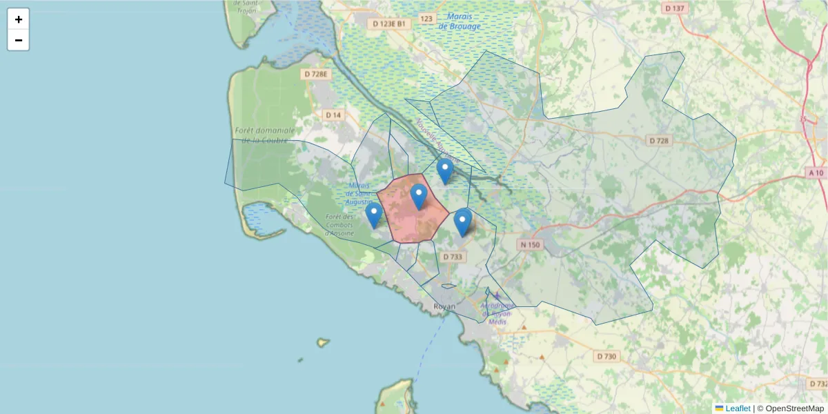 Carte de la zone du code postal  et des codes postaux voisins en France