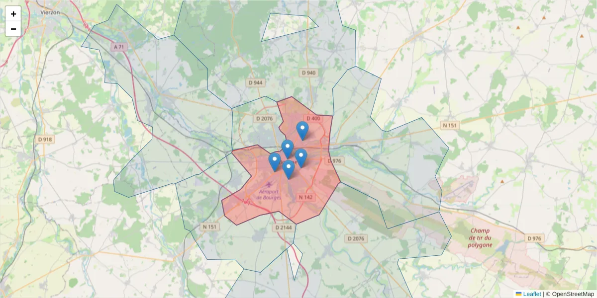 Carte de la zone du code postal  et des codes postaux voisins en France
