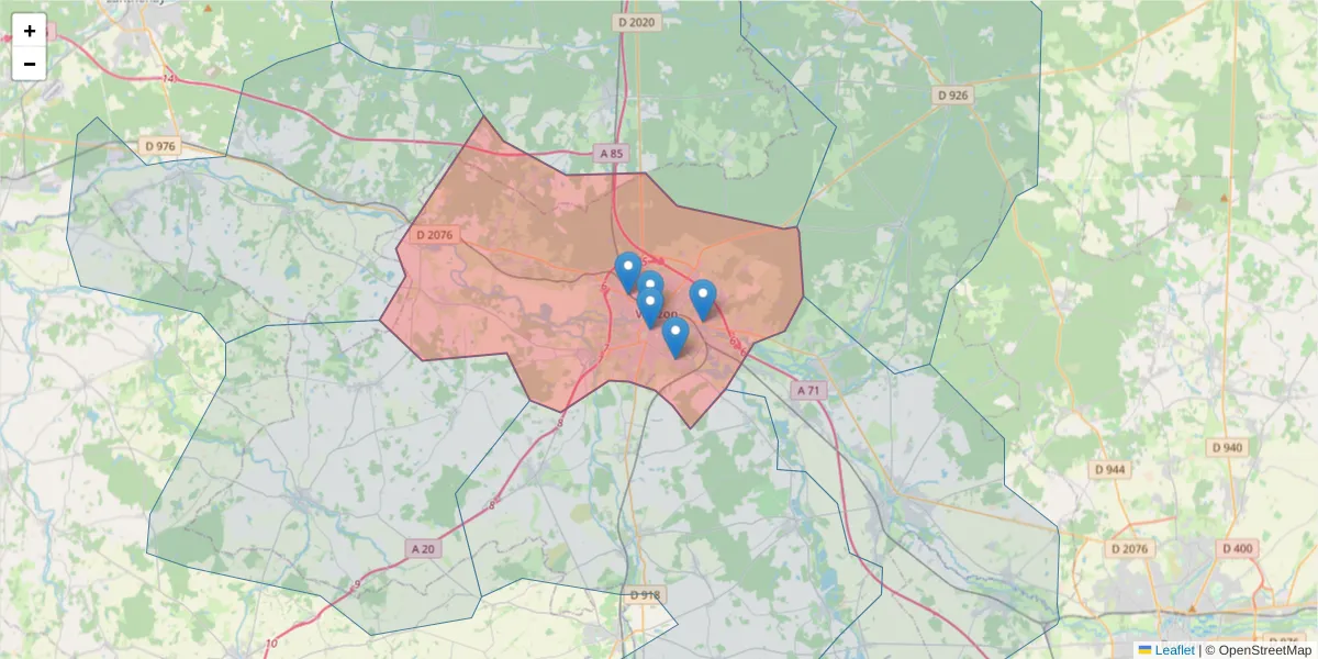 Carte de la zone du code postal  et des codes postaux voisins en France