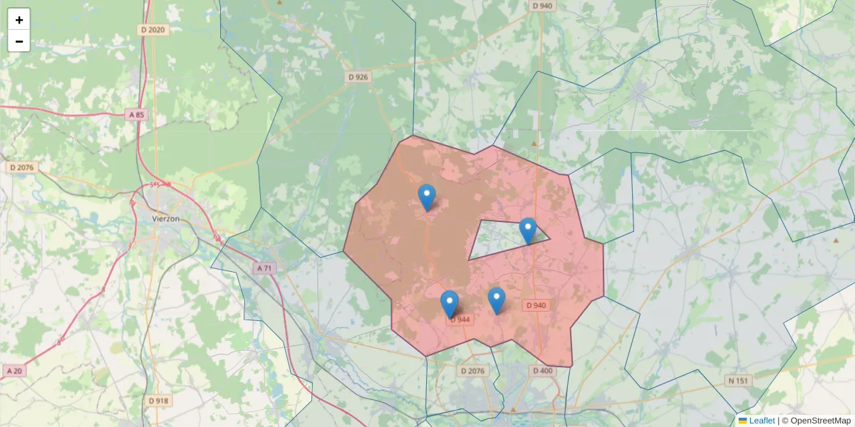 Carte de la zone du code postal  et des codes postaux voisins en France