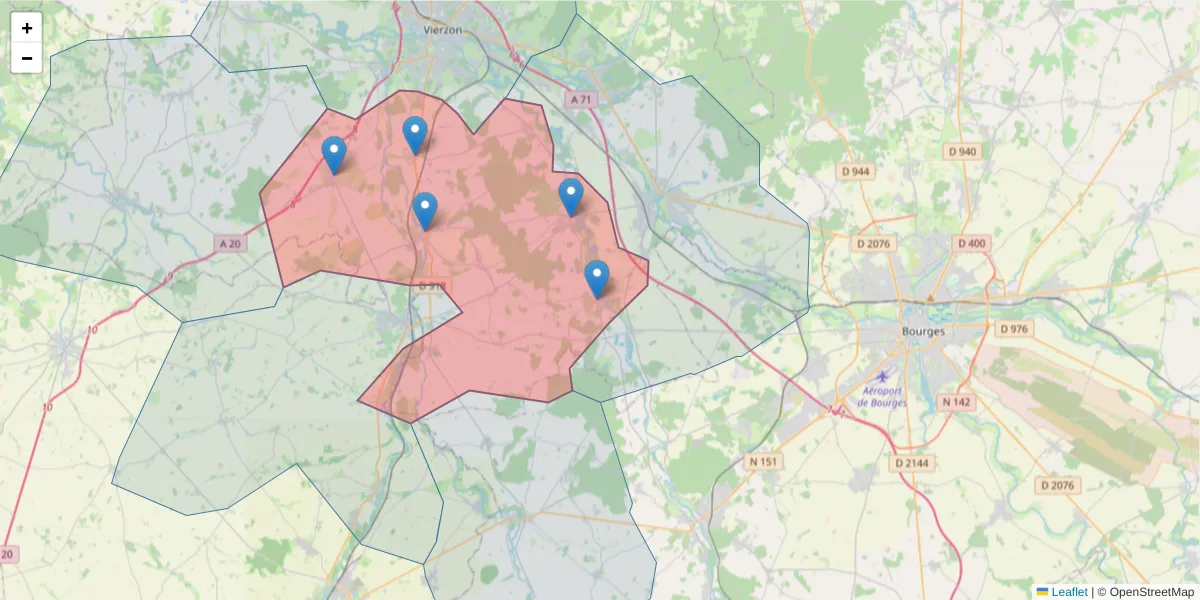 Carte de la zone du code postal  et des codes postaux voisins en France