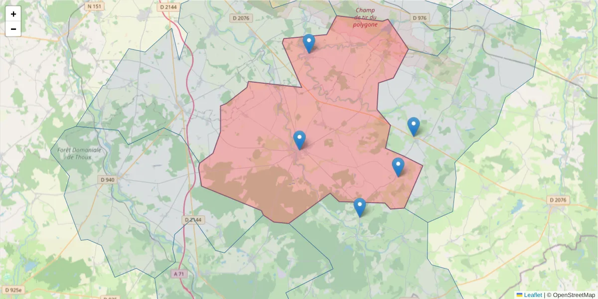 Carte de la zone du code postal  et des codes postaux voisins en France