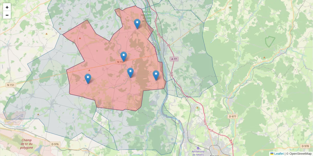 Carte de la zone du code postal  et des codes postaux voisins en France