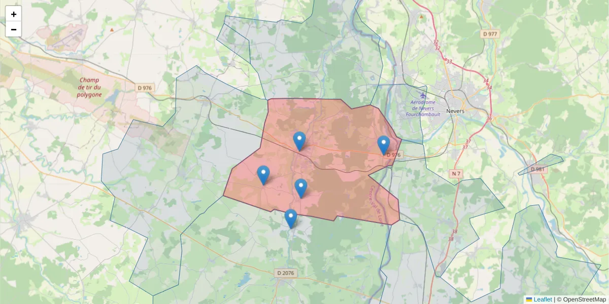 Carte de la zone du code postal  et des codes postaux voisins en France