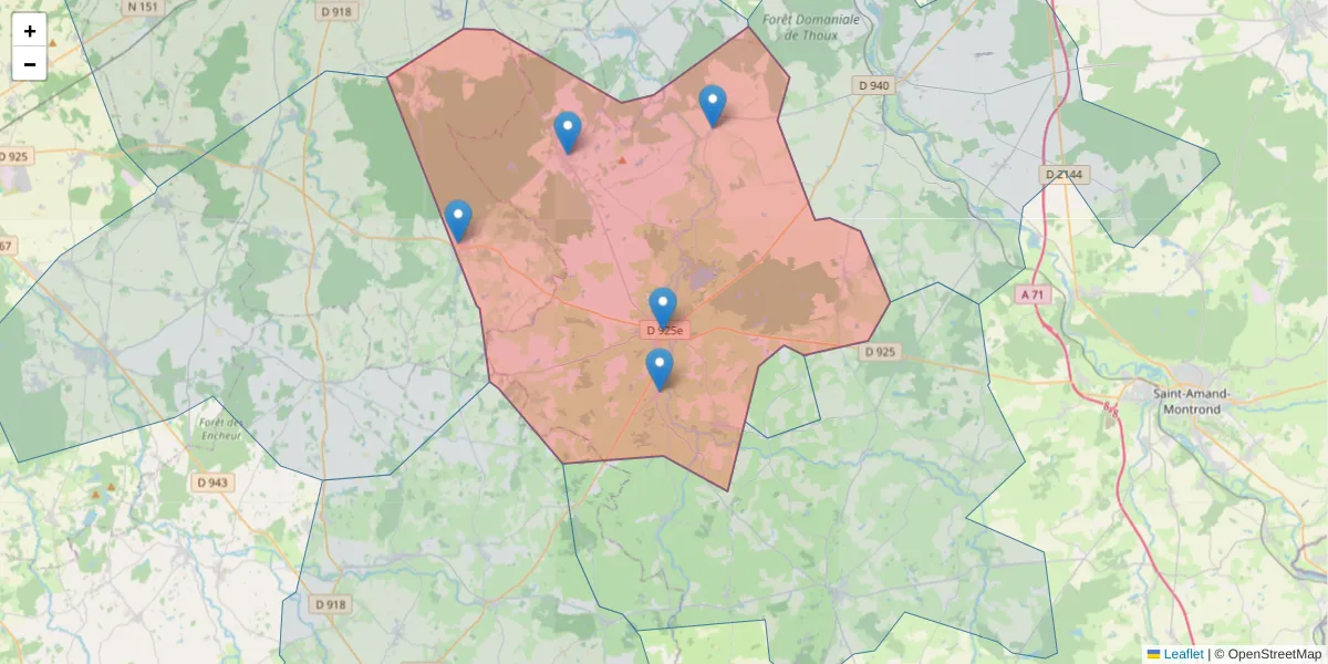Carte de la zone du code postal  et des codes postaux voisins en France