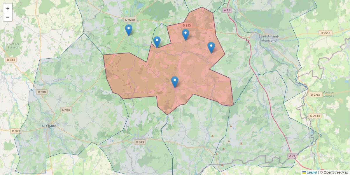 Carte de la zone du code postal  et des codes postaux voisins en France