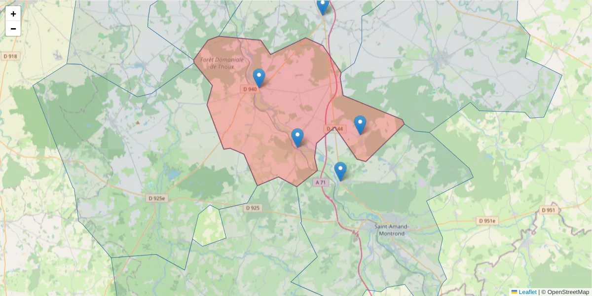 Carte de la zone du code postal  et des codes postaux voisins en France