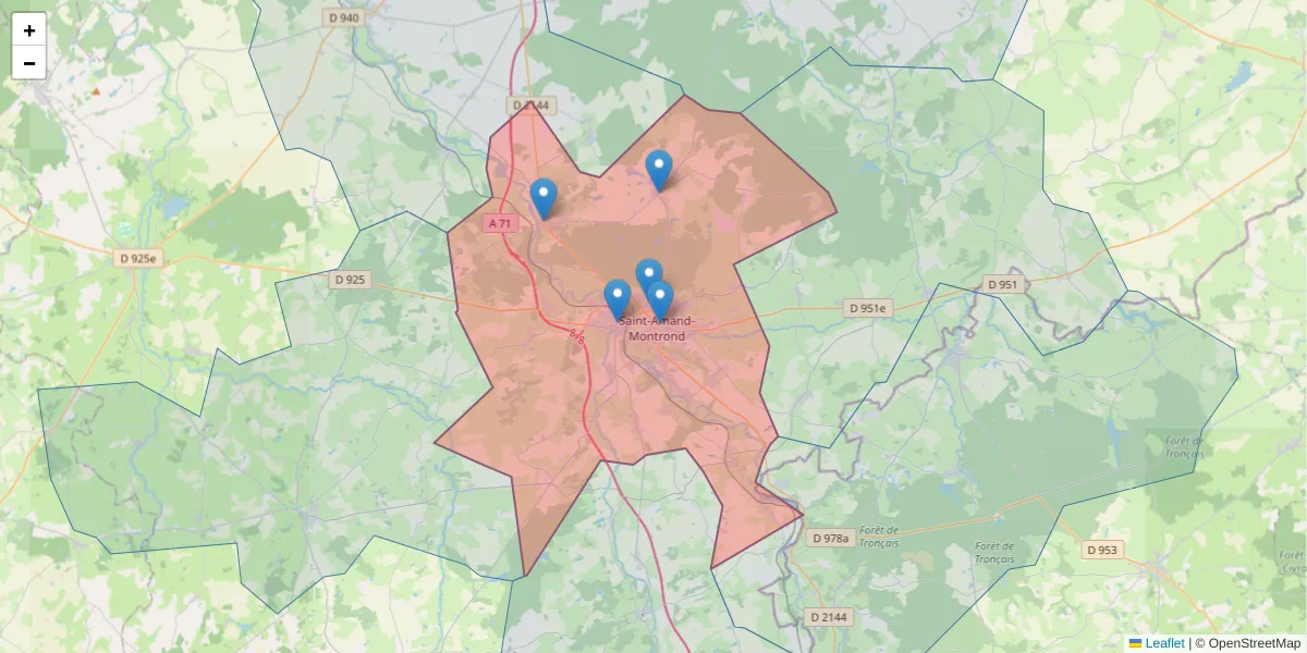 Carte de la zone du code postal  et des codes postaux voisins en France