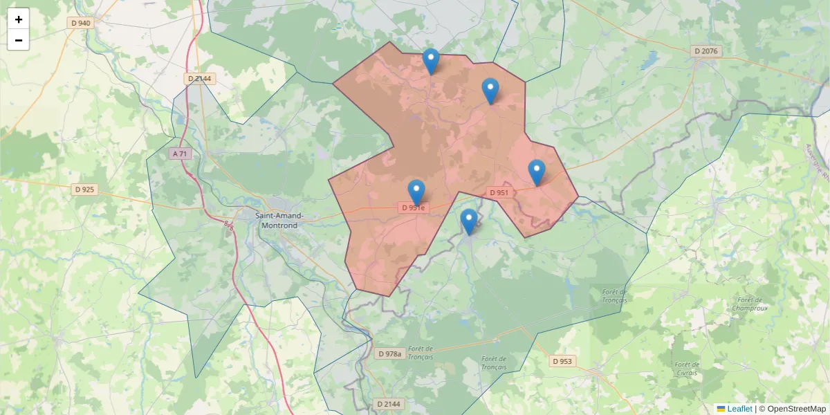 Carte de la zone du code postal  et des codes postaux voisins en France
