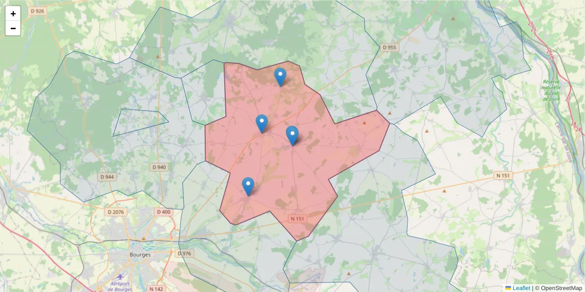 Carte de la zone du code postal  et des codes postaux voisins en France
