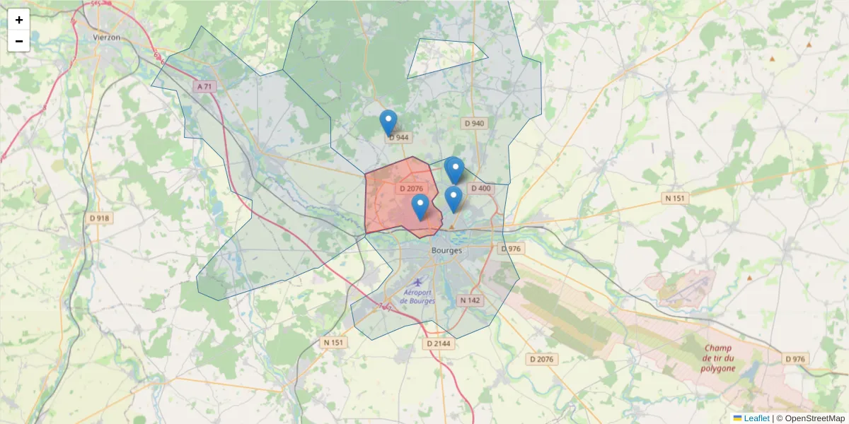 Carte de la zone du code postal  et des codes postaux voisins en France