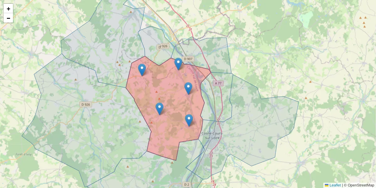 Carte de la zone du code postal  et des codes postaux voisins en France
