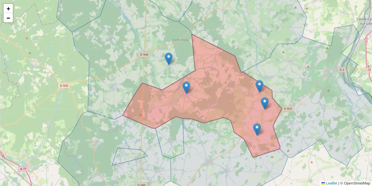 Carte de la zone du code postal  et des codes postaux voisins en France