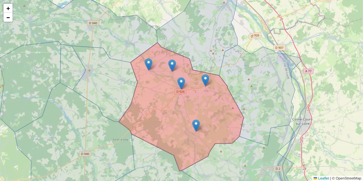 Carte de la zone du code postal  et des codes postaux voisins en France