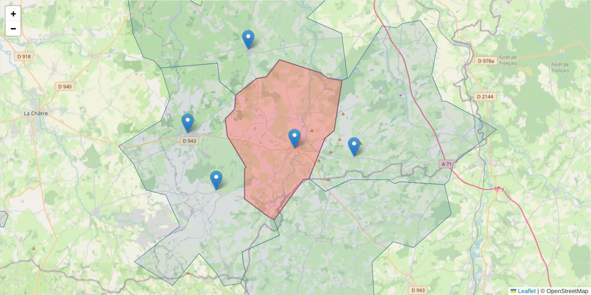 Carte de la zone du code postal  et des codes postaux voisins en France