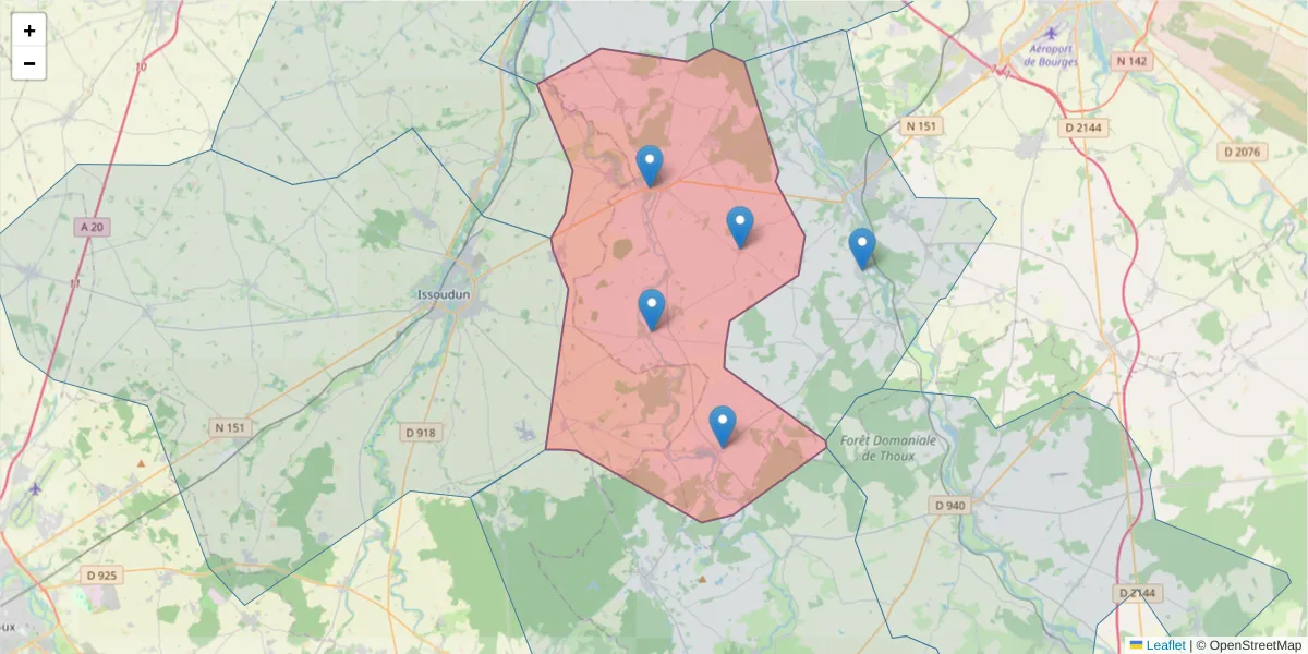Carte de la zone du code postal  et des codes postaux voisins en France