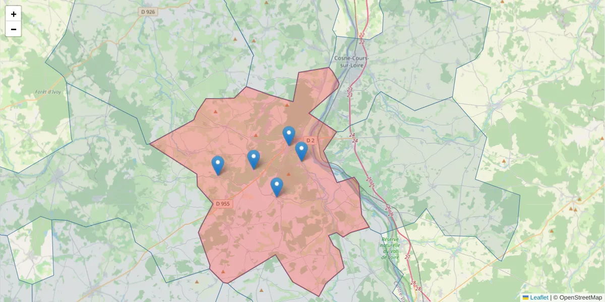 Carte de la zone du code postal  et des codes postaux voisins en France