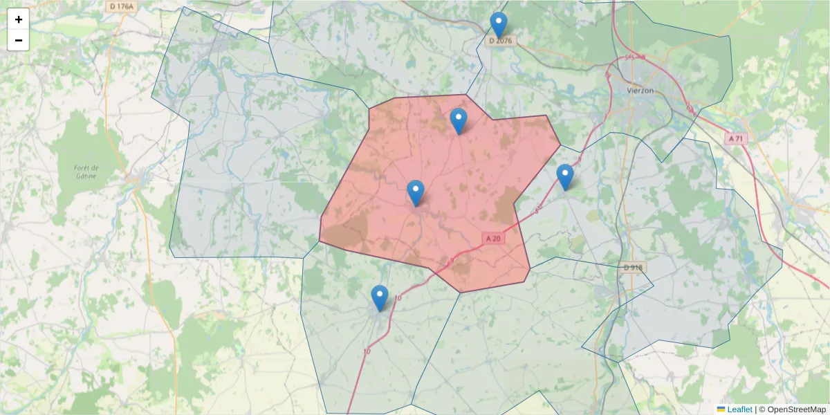 Carte de la zone du code postal  et des codes postaux voisins en France