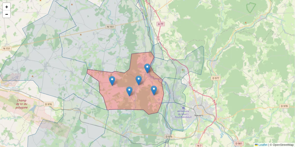 Carte de la zone du code postal  et des codes postaux voisins en France