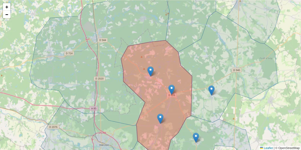 Carte de la zone du code postal  et des codes postaux voisins en France