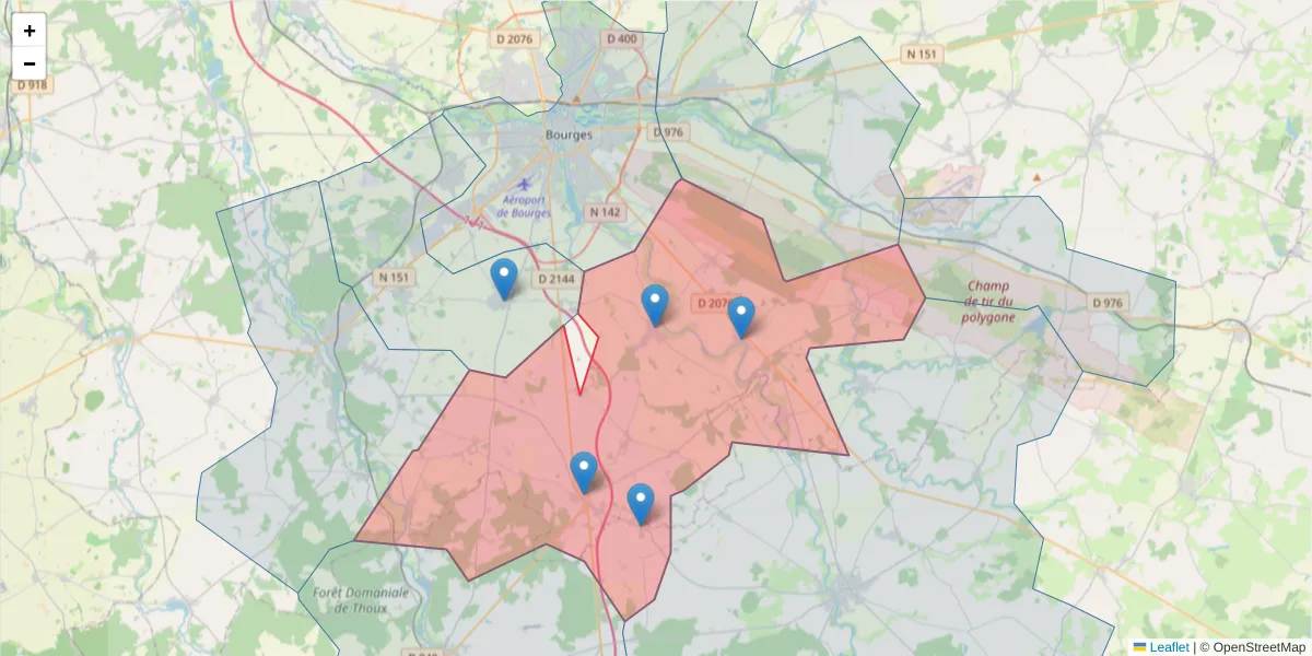 Carte de la zone du code postal  et des codes postaux voisins en France