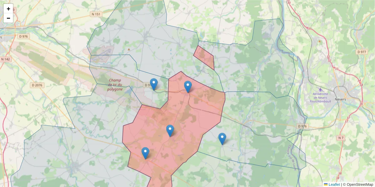 Carte de la zone du code postal  et des codes postaux voisins en France