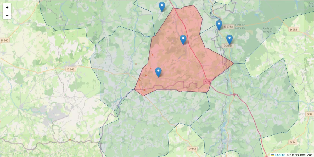 Carte de la zone du code postal  et des codes postaux voisins en France