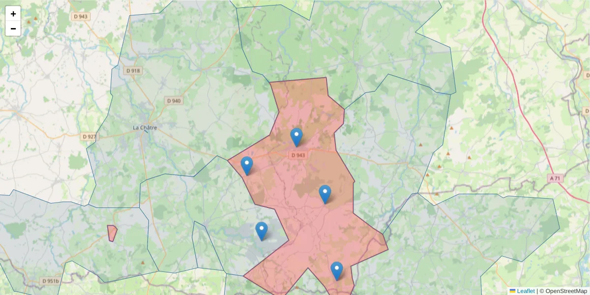 Carte de la zone du code postal  et des codes postaux voisins en France