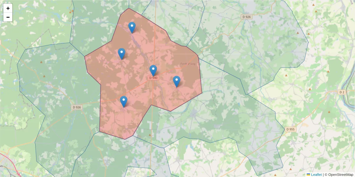 Carte de la zone du code postal  et des codes postaux voisins en France