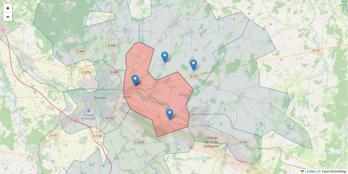 Carte de la zone du code postal  et des codes postaux voisins en France
