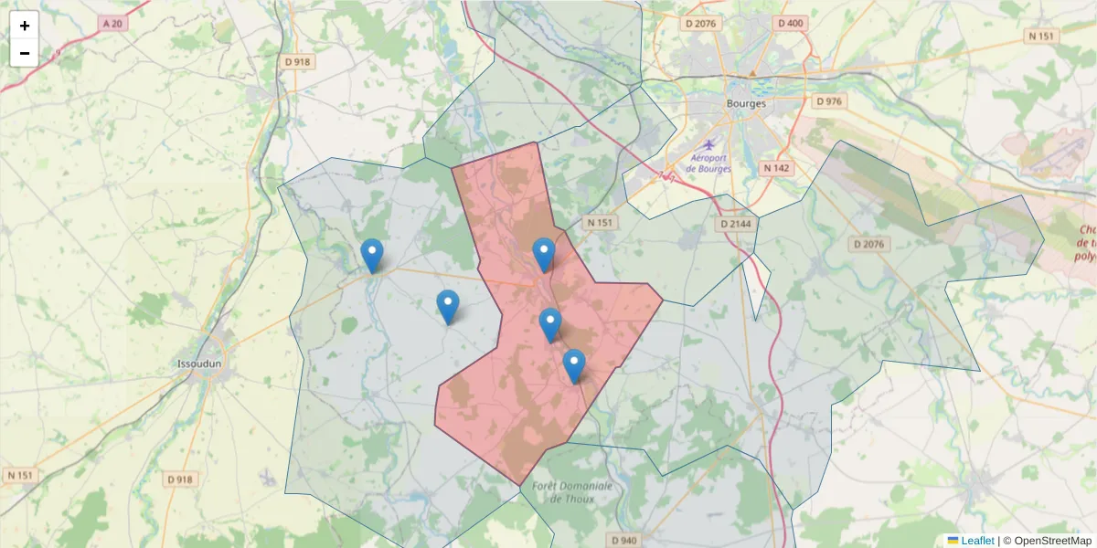 Carte de la zone du code postal  et des codes postaux voisins en France