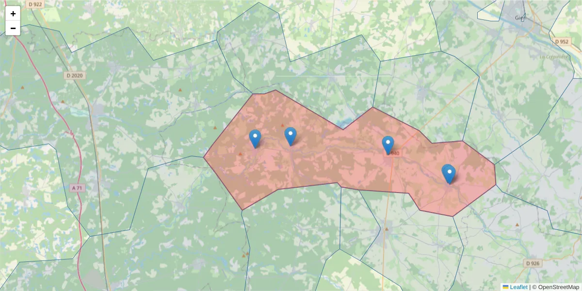 Carte de la zone du code postal  et des codes postaux voisins en France
