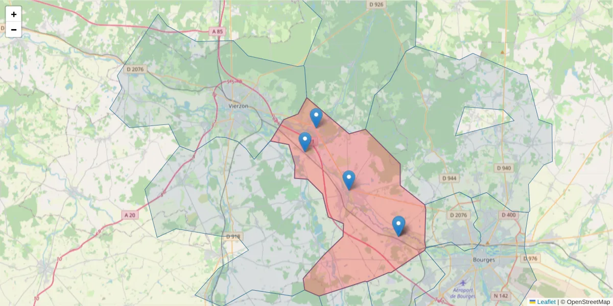 Carte de la zone du code postal  et des codes postaux voisins en France