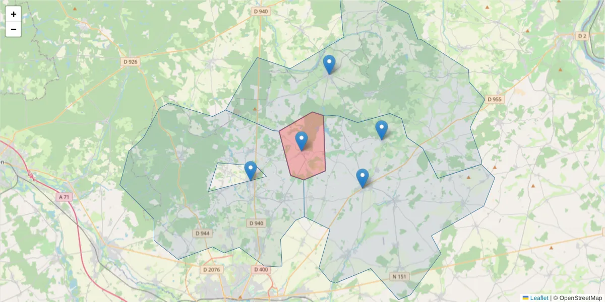 Carte de la zone du code postal  et des codes postaux voisins en France