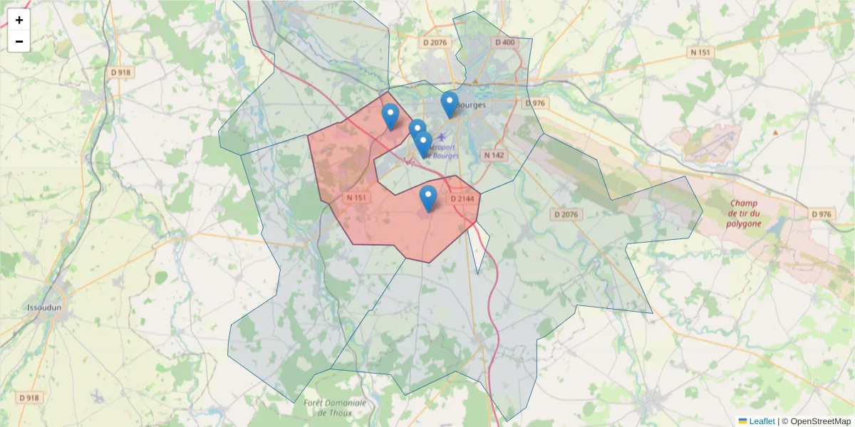 Carte de la zone du code postal  et des codes postaux voisins en France