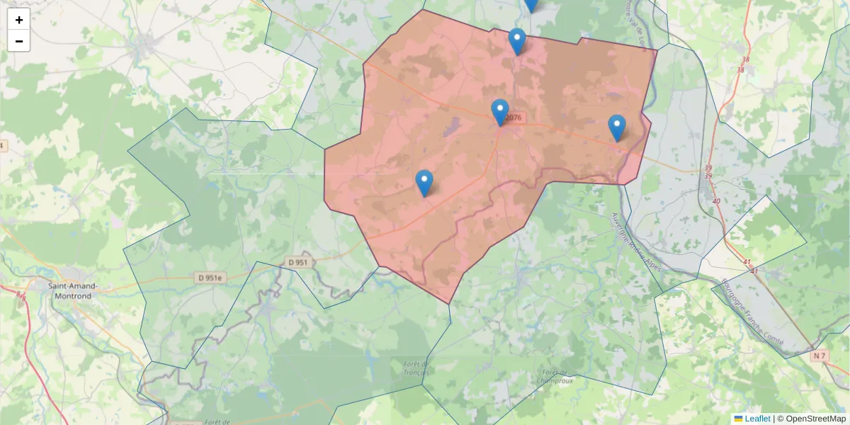 Carte de la zone du code postal  et des codes postaux voisins en France