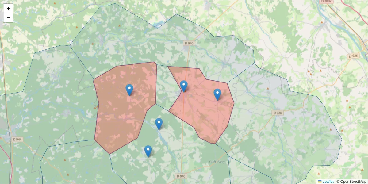 Carte de la zone du code postal  et des codes postaux voisins en France