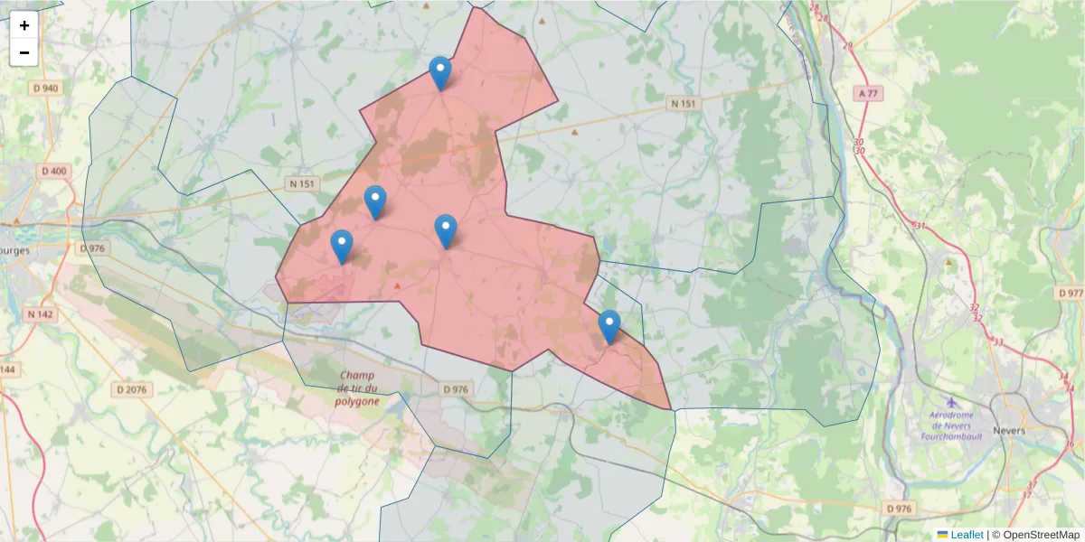 Carte de la zone du code postal  et des codes postaux voisins en France