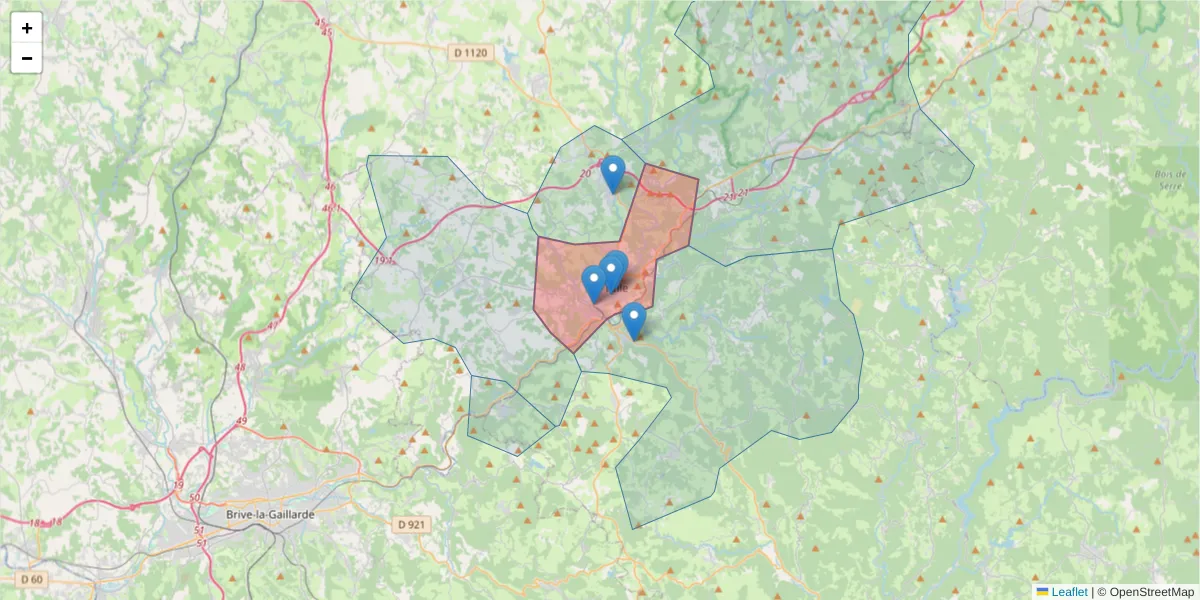 Carte de la zone du code postal  et des codes postaux voisins en France