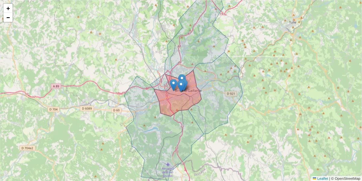 Carte de la zone du code postal  et des codes postaux voisins en France