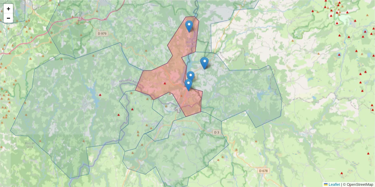 Carte de la zone du code postal  et des codes postaux voisins en France