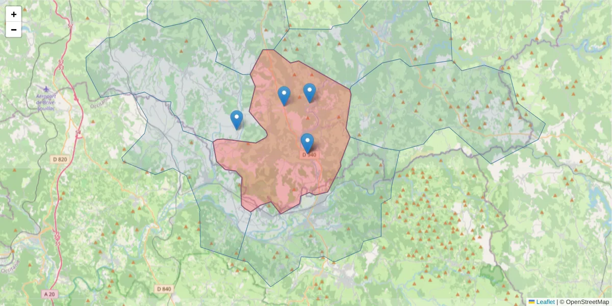 Carte de la zone du code postal  et des codes postaux voisins en France