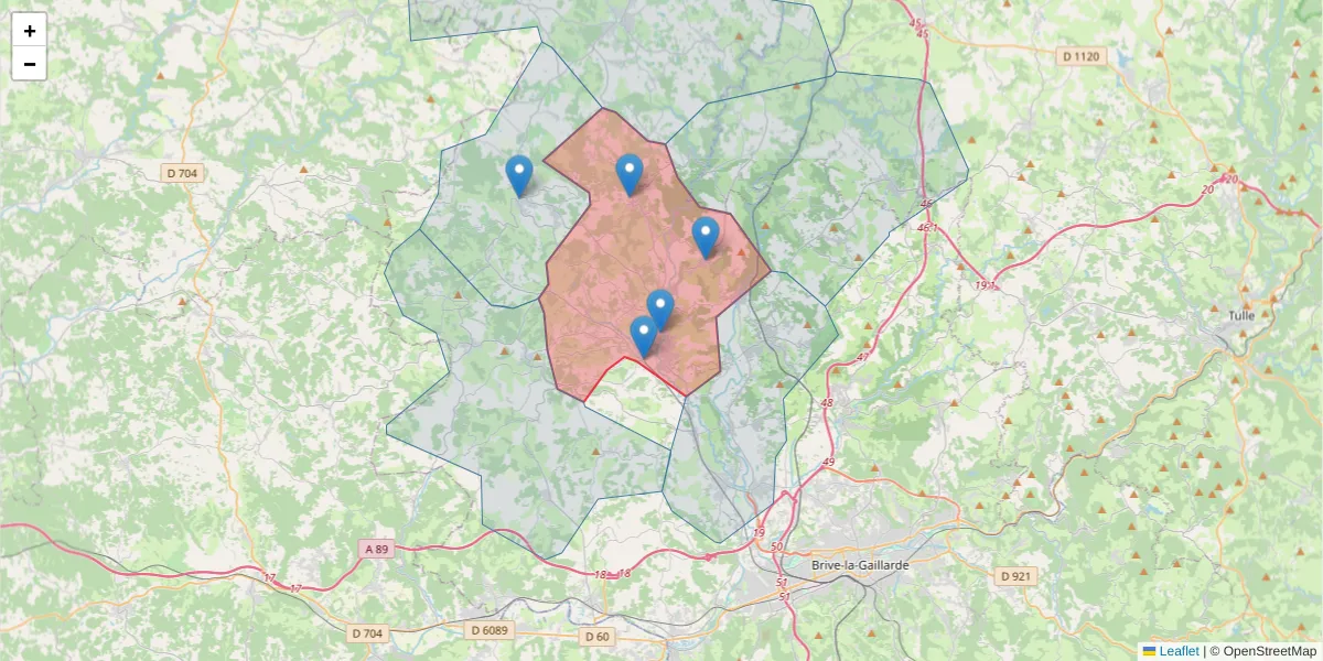 Carte de la zone du code postal  et des codes postaux voisins en France