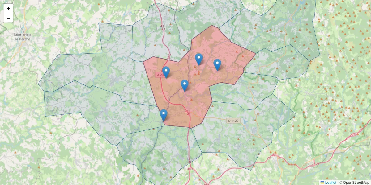 Carte de la zone du code postal  et des codes postaux voisins en France