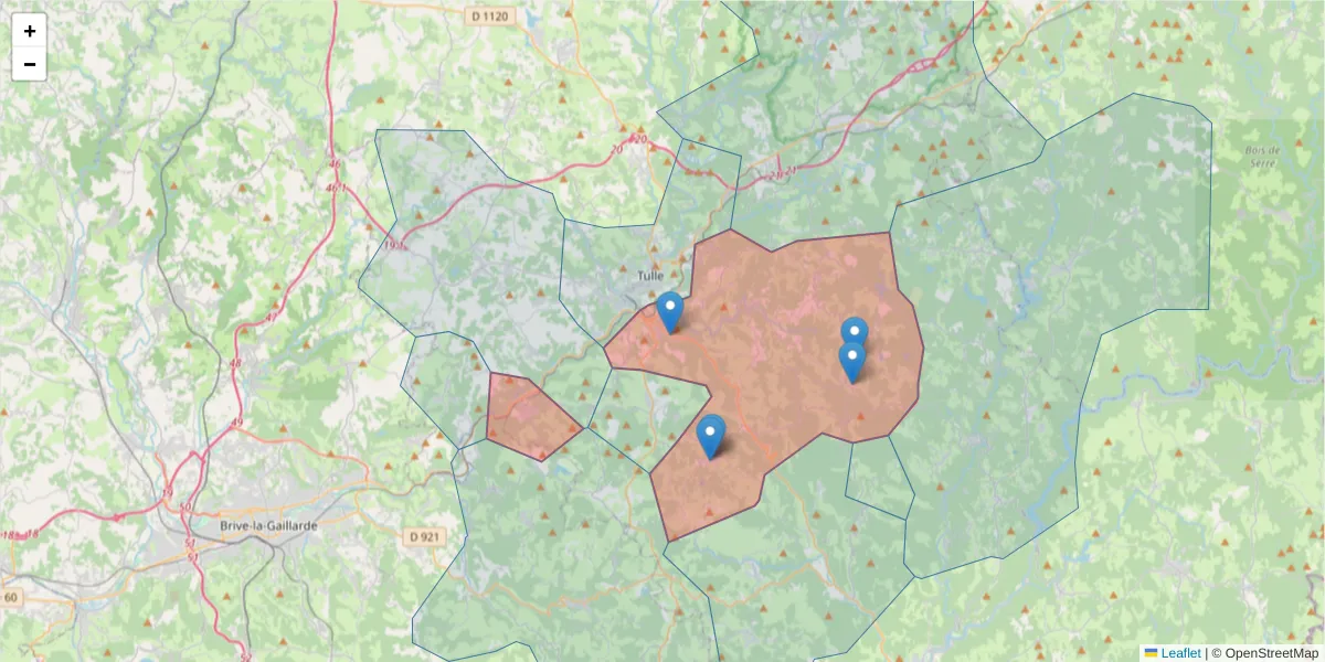 Carte de la zone du code postal  et des codes postaux voisins en France