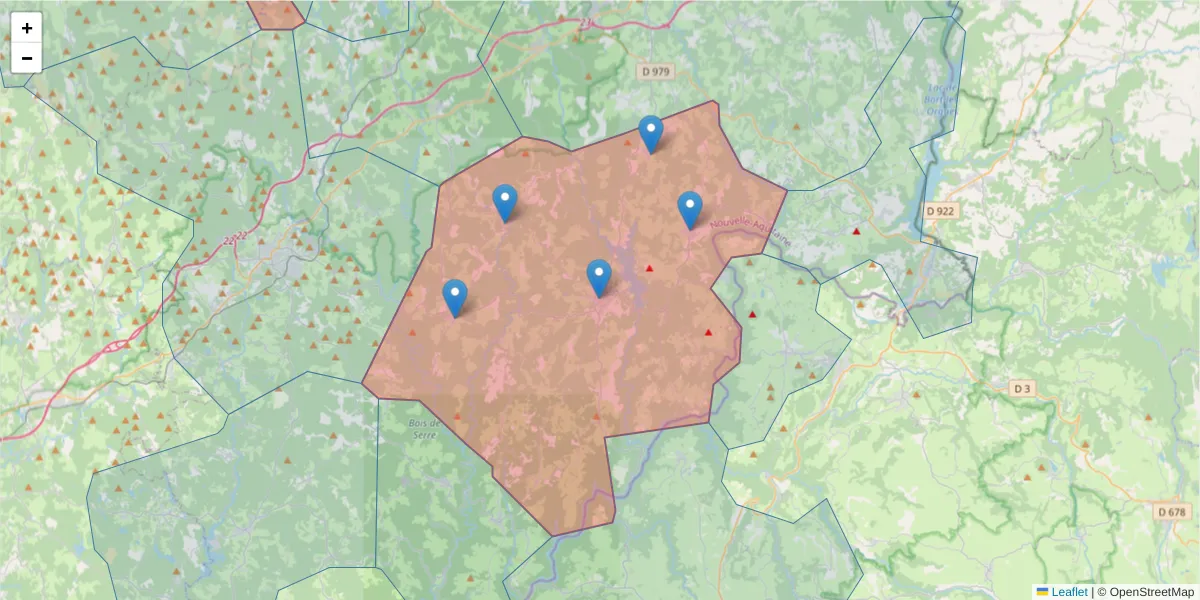 Carte de la zone du code postal  et des codes postaux voisins en France